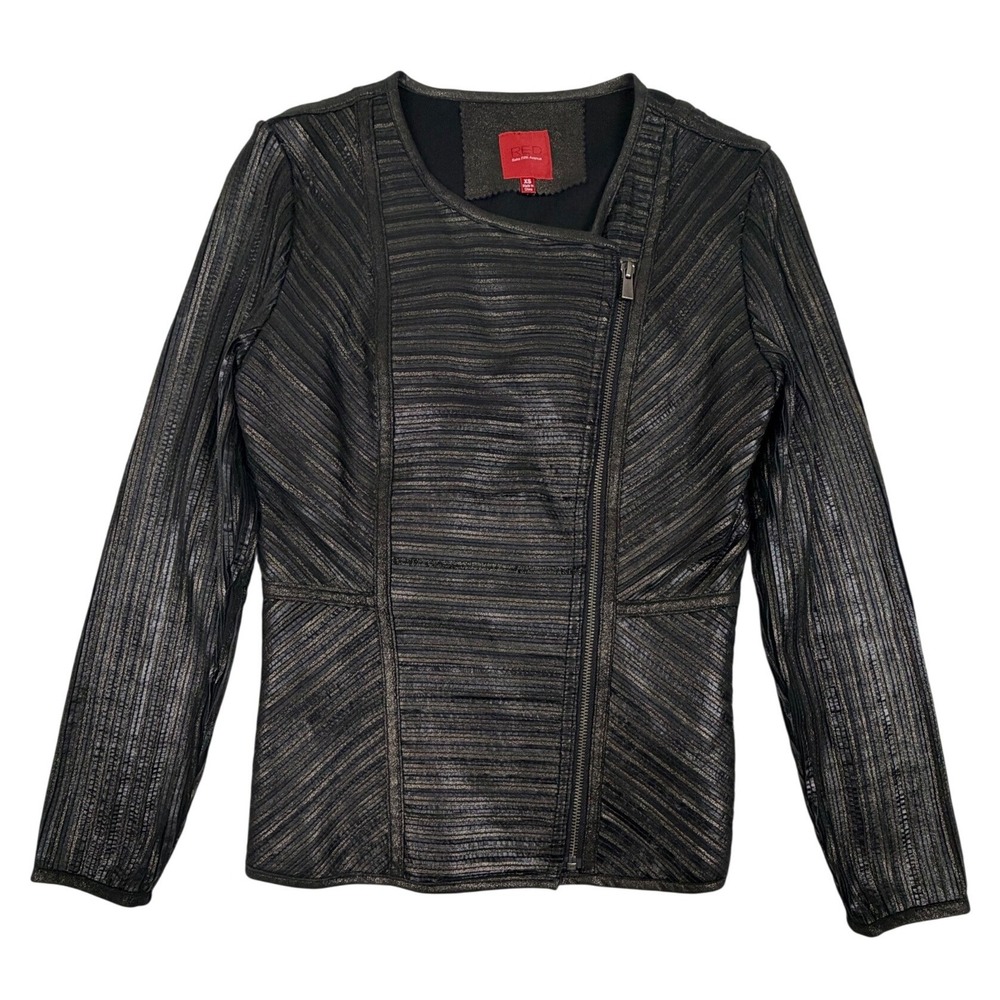 RED Saks Fifth Avenue Metallic Leather Moto Jacket XS Black Bronze Asymmetrical